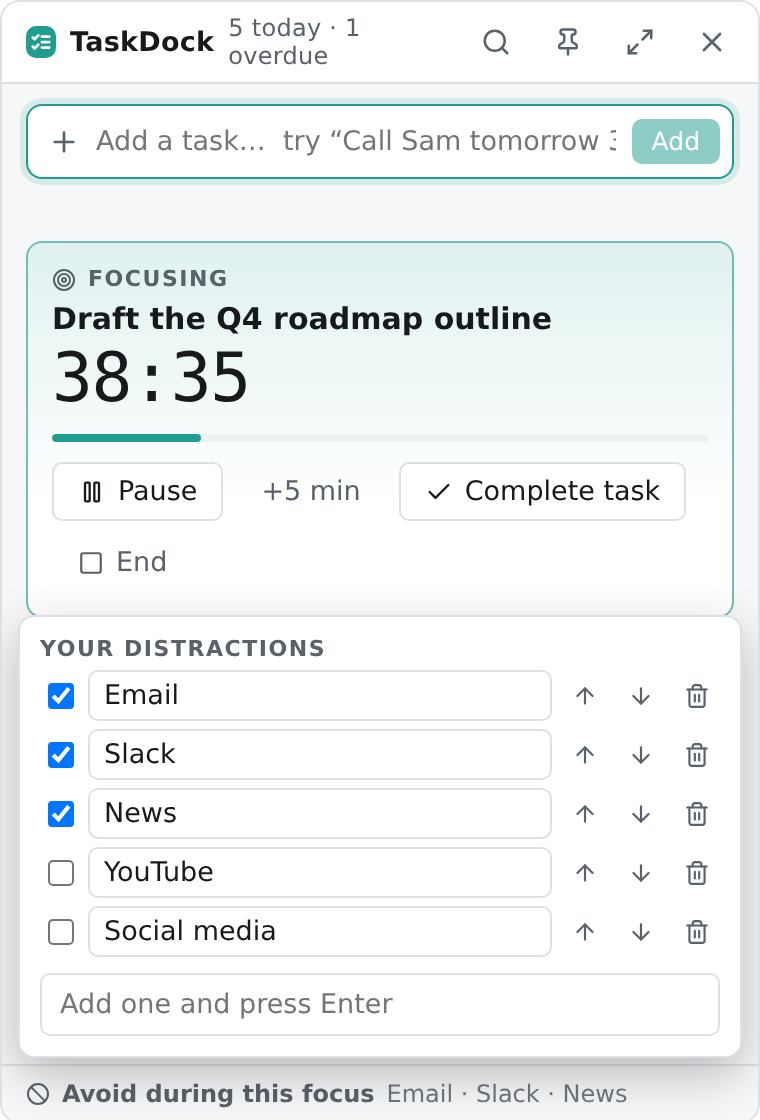 The mini window with the Your distractions panel open, listing Email, Slack and News ticked, plus YouTube and Social media