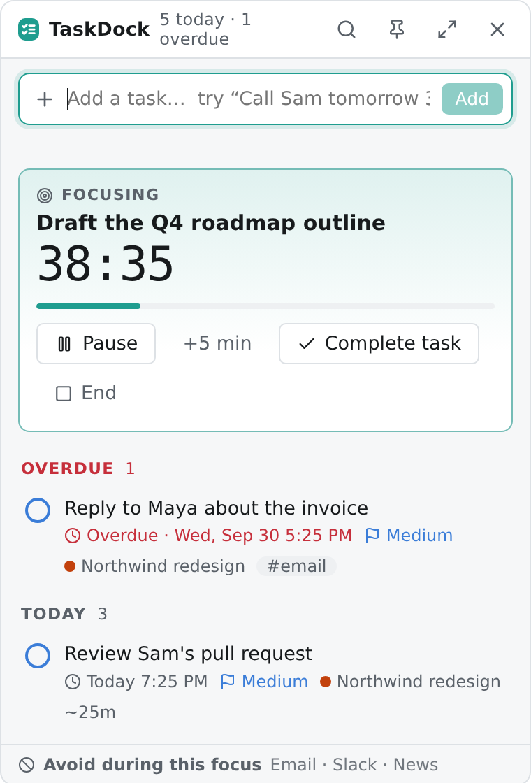 The mini window in a focus session with a 38 minute countdown, Pause, plus five minutes and Complete task buttons
